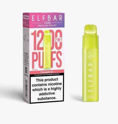 2 in 1 Elfbar 1200 Puffs Prefilled Pod Kit - Box of 5 in Pineapple Ice Flavor Available at GvapeKing