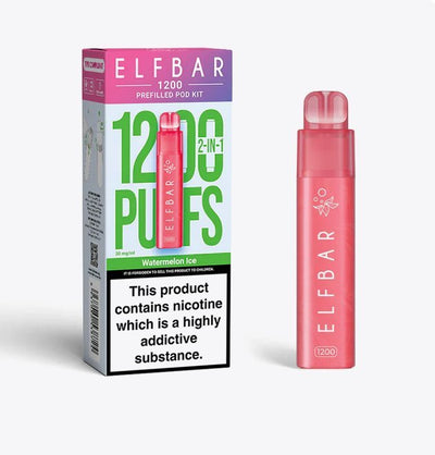 2 in 1 Elfbar 1200 Puffs Prefilled Pod Kit - Box of 5 in Watermelon Ice Flavor Available at GvapeKing
