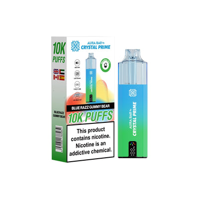 Crystal Prime Aura Bar 10000 Puffs Prefilled Pod Kit in Blue Razz Gummy Bear Flavor available at GvapeKing