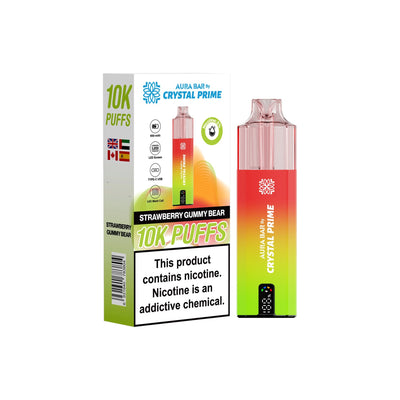Crystal Prime Aura Bar 10000 Puffs Prefilled Pod Kit in Strawberry Gummy Bear Flavor available at GvapeKing