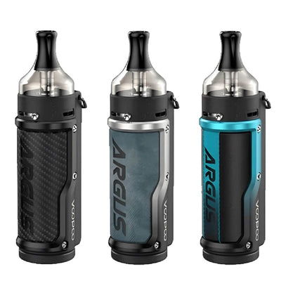 Voopoo Argus 40W Pod Kit available ain Litchi Leather Blue, Carbon Fiber, and Denim Silver Colors at GvapeKing
